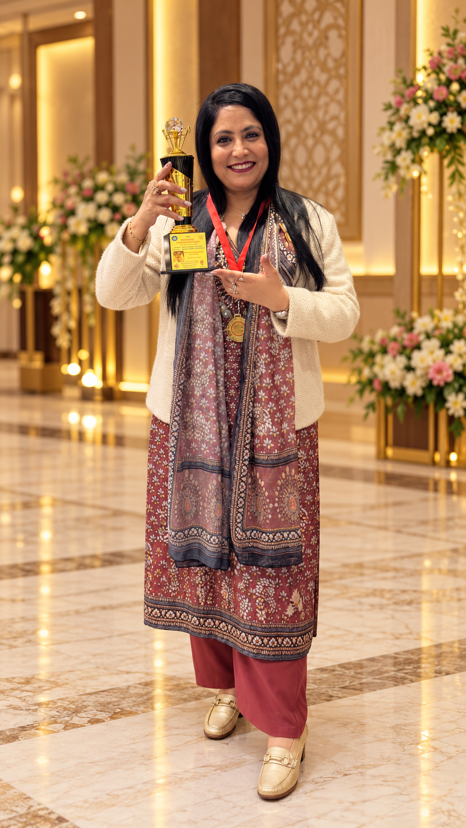 Neeru Aggarwal holding her trophy