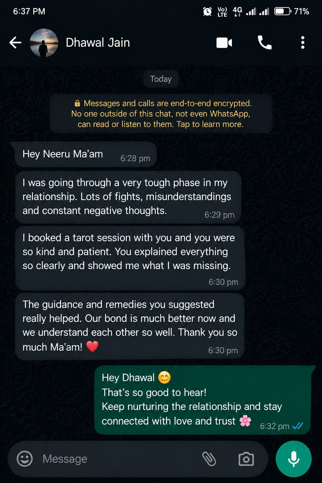 WhatsApp consultation feedback shared by Dhawal