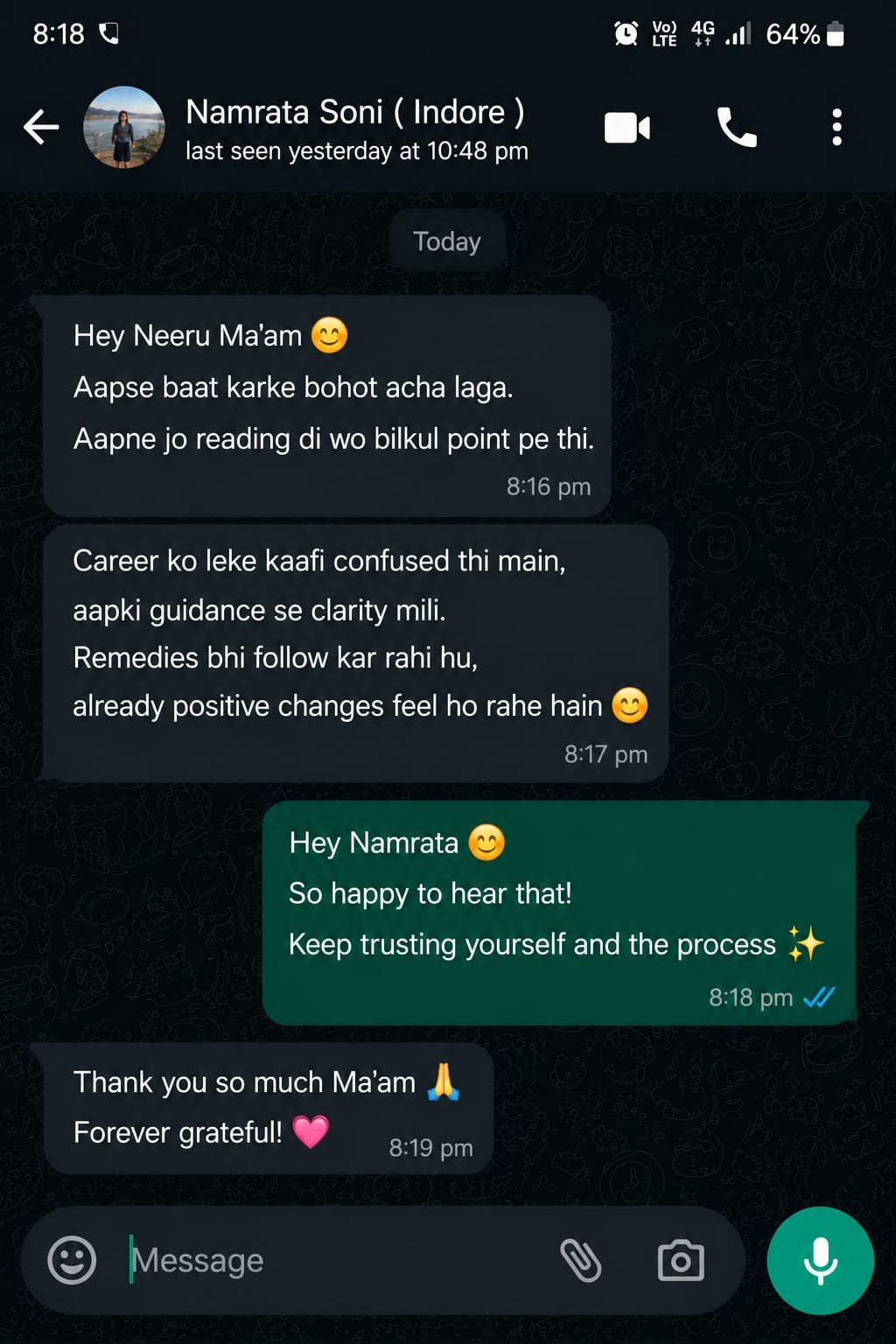 WhatsApp consultation feedback shared by Namrata