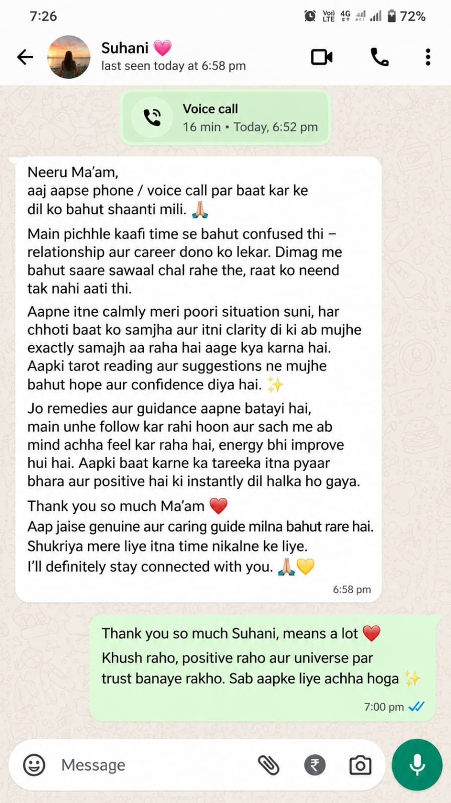 WhatsApp consultation feedback shared by Suhani
