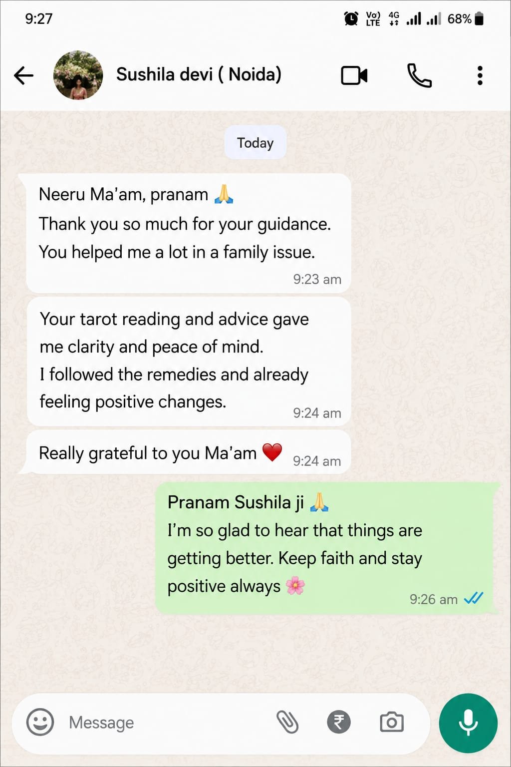 WhatsApp consultation feedback shared by Sushila